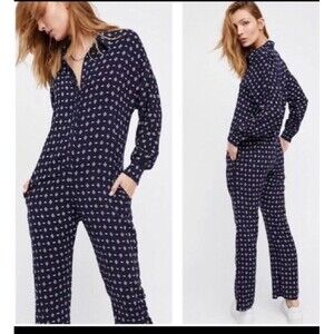NWT Free People Jumpsuit Extra Small XS Navy Blue Print Pantsuit New $128